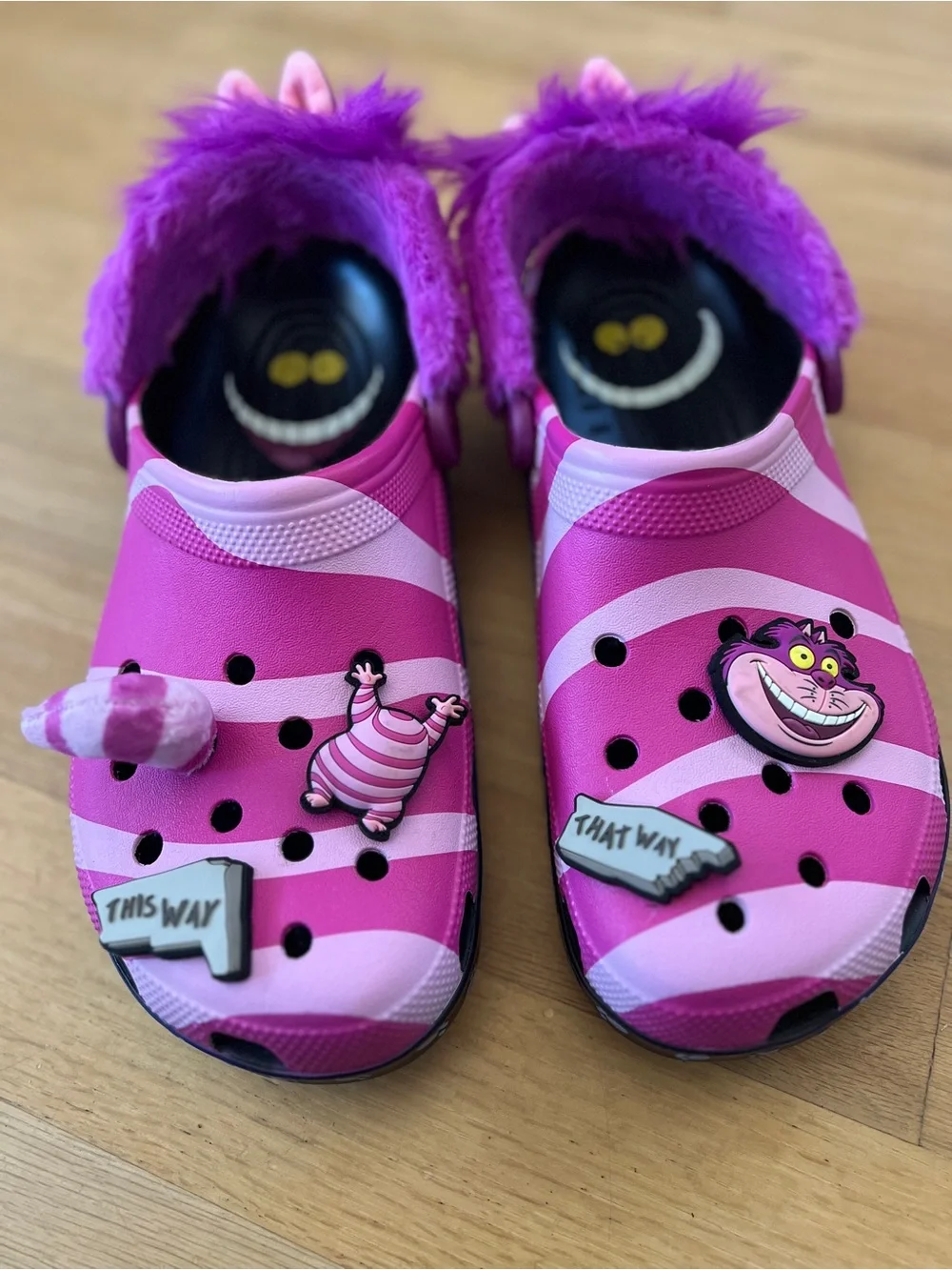 Pink Cheshire Cat Fuzzy-Lined Clogs